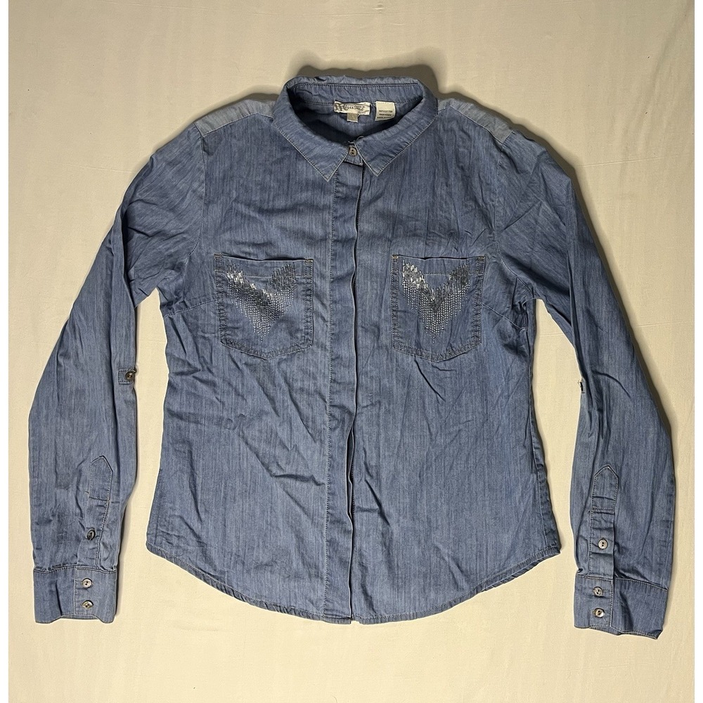 Miss Me Embroidered Denim Shirt Women's Size Large Blue Long Sleeve Button Up